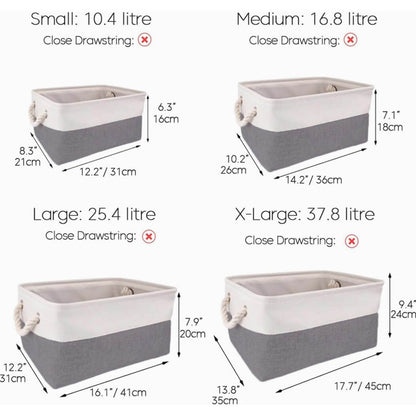 Foldable Canvas Storage Baskets | Linen & Cotton | Cold Grey and White