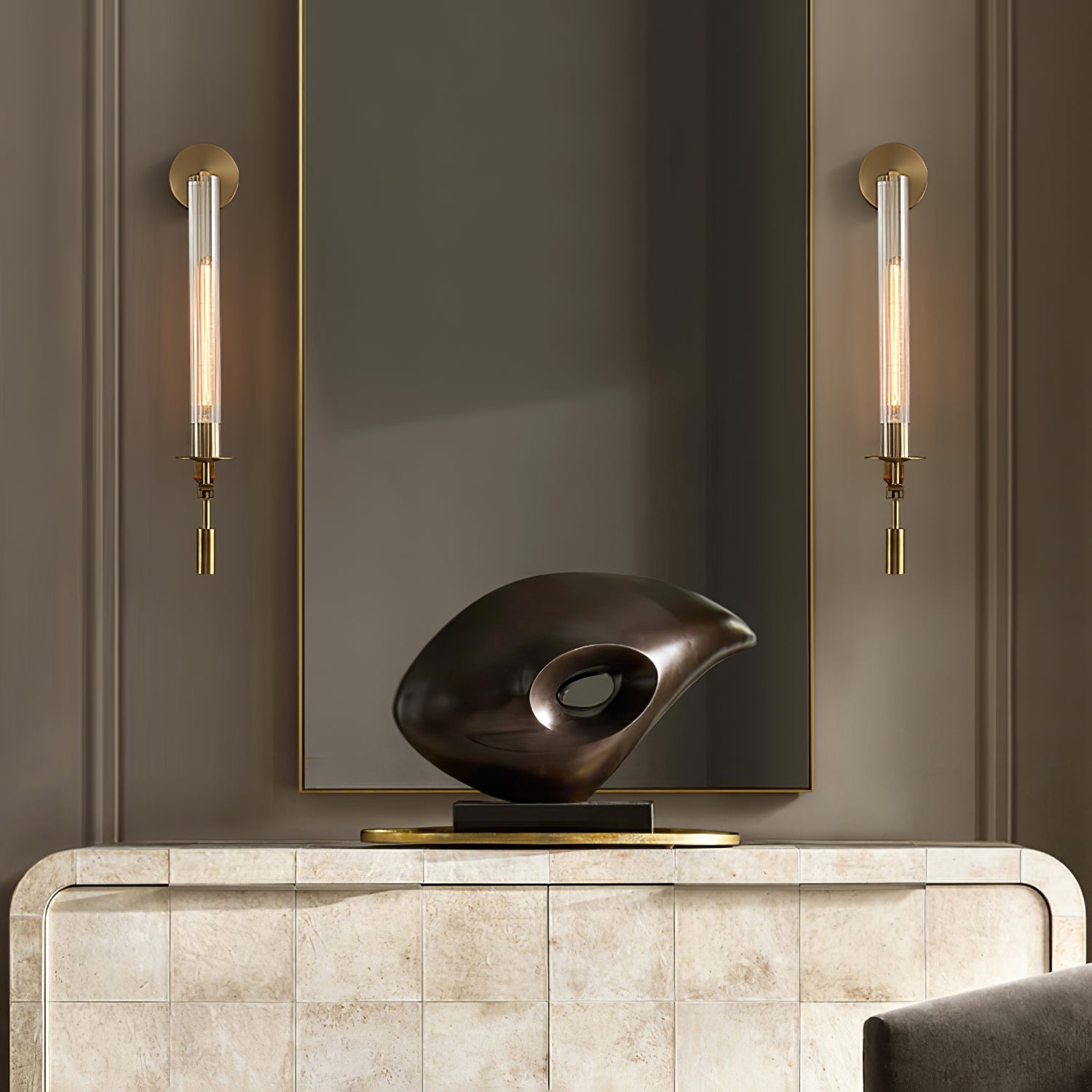 French Classicism Wall Lamp | Solid Brass & Ribbed Glass | Set of 2
