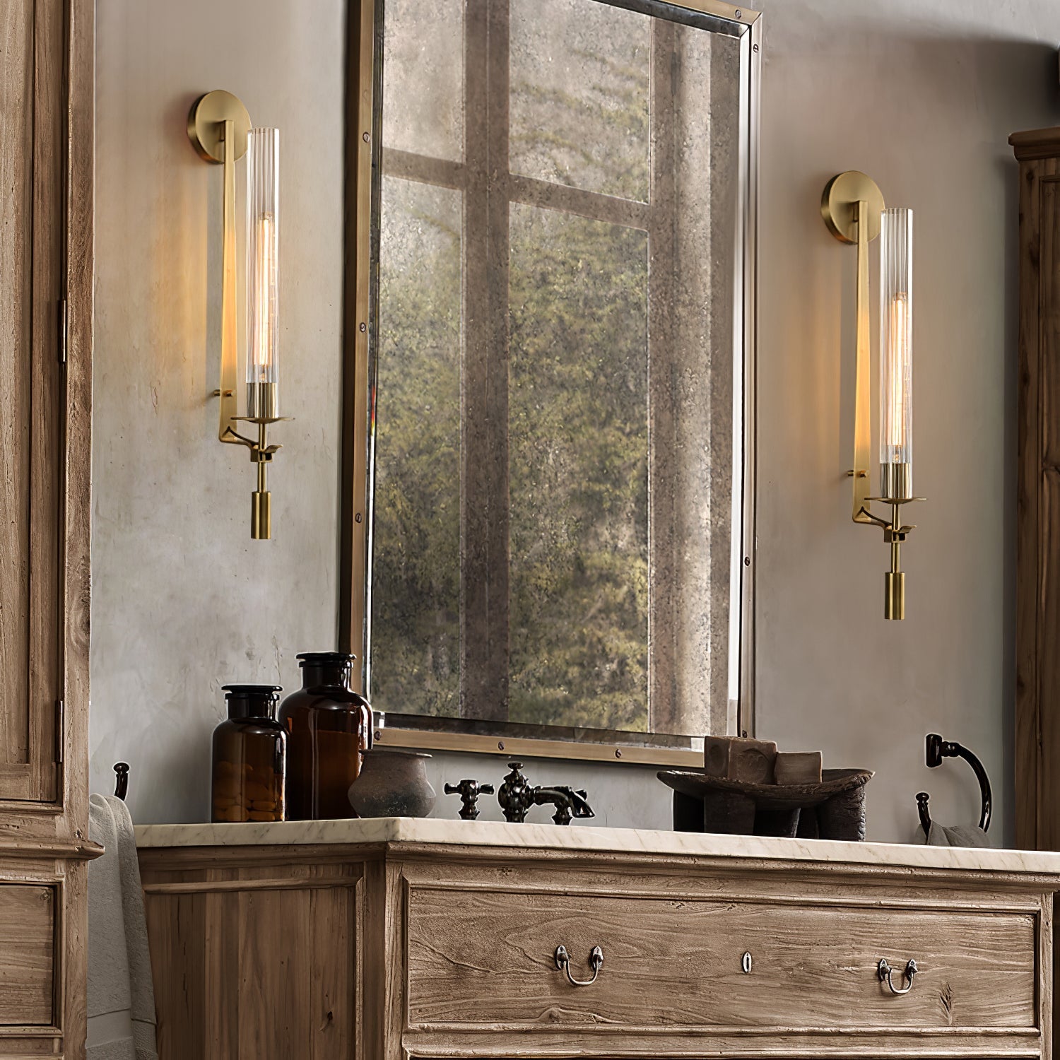 French Classicism Wall Lamp | Solid Brass & Ribbed Glass | Set of 2