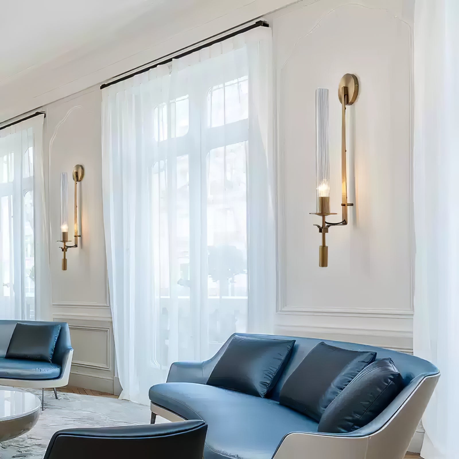 French Classicism Wall Lamp | Solid Brass & Ribbed Glass | Set of 2