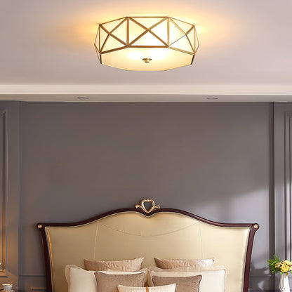 Geometric Flush Ceiling Light | Brass & Glass | White