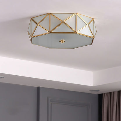 Geometric Flush Ceiling Light | Brass & Glass | White