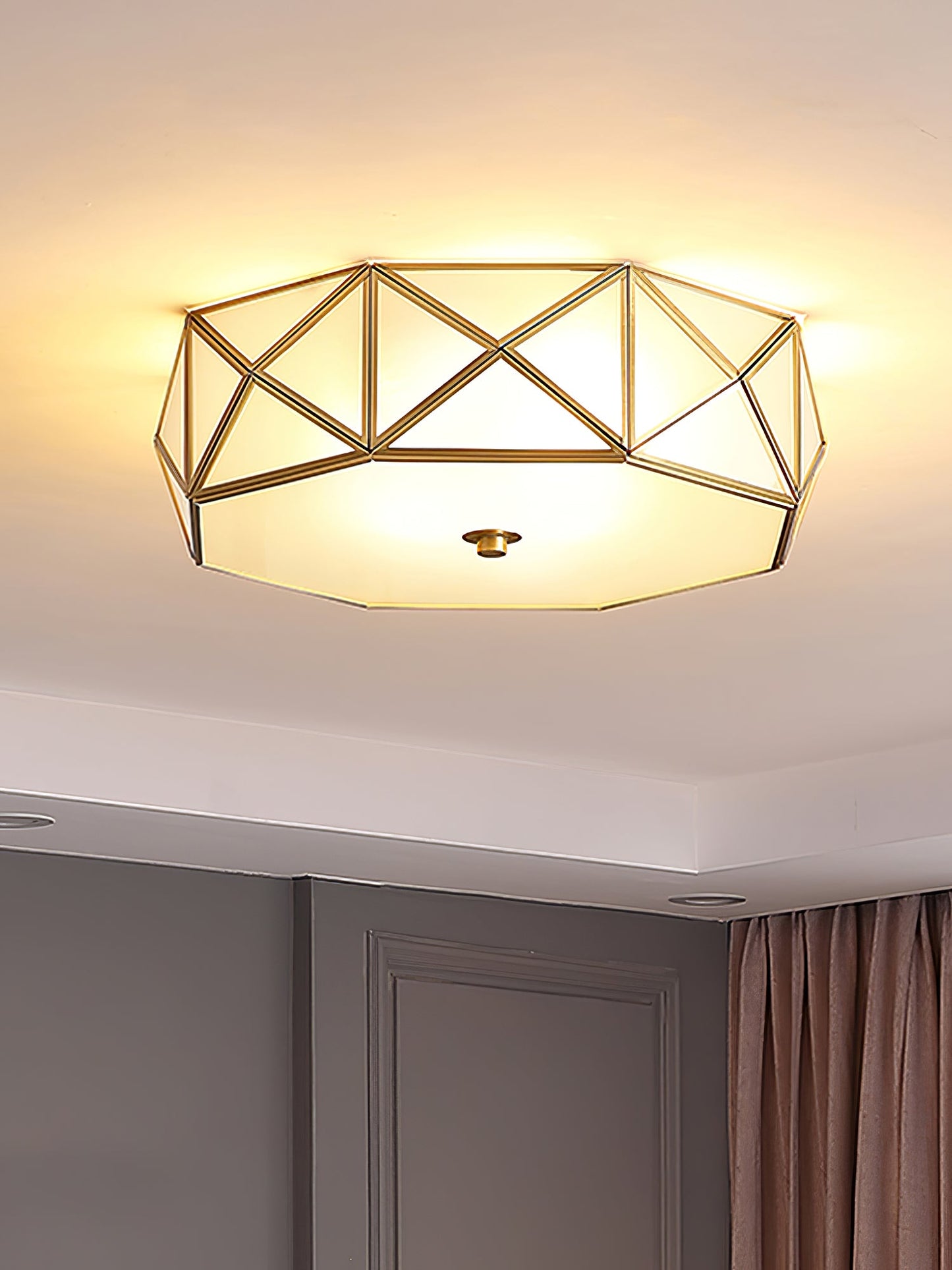 Geometric Flush Ceiling Light | Brass & Glass | White