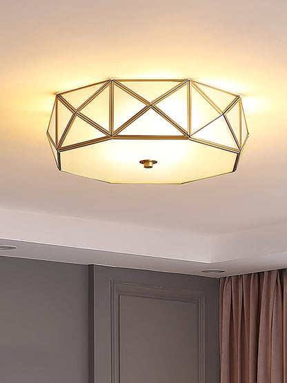 Geometric Flush Ceiling Light | Brass & Glass | White