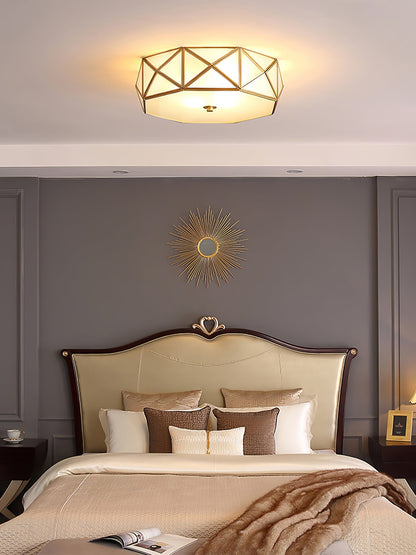 Geometric Flush Ceiling Light | Brass & Glass | White