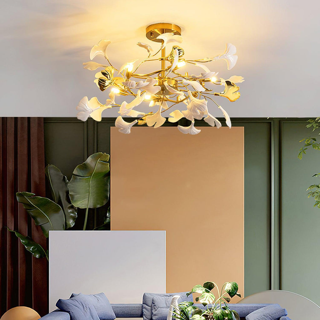 Gingko Chandelier | Ceramic & Brass | Gold & White, Multiple Sizes