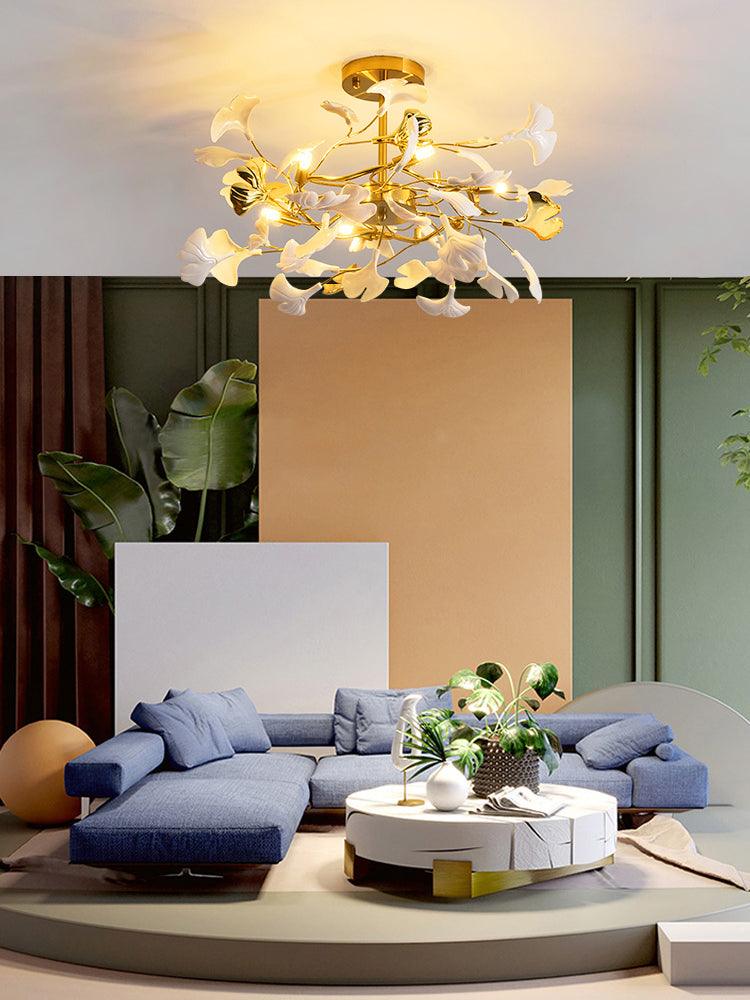 Gingko Chandelier | Ceramic & Brass | Gold & White, Multiple Sizes