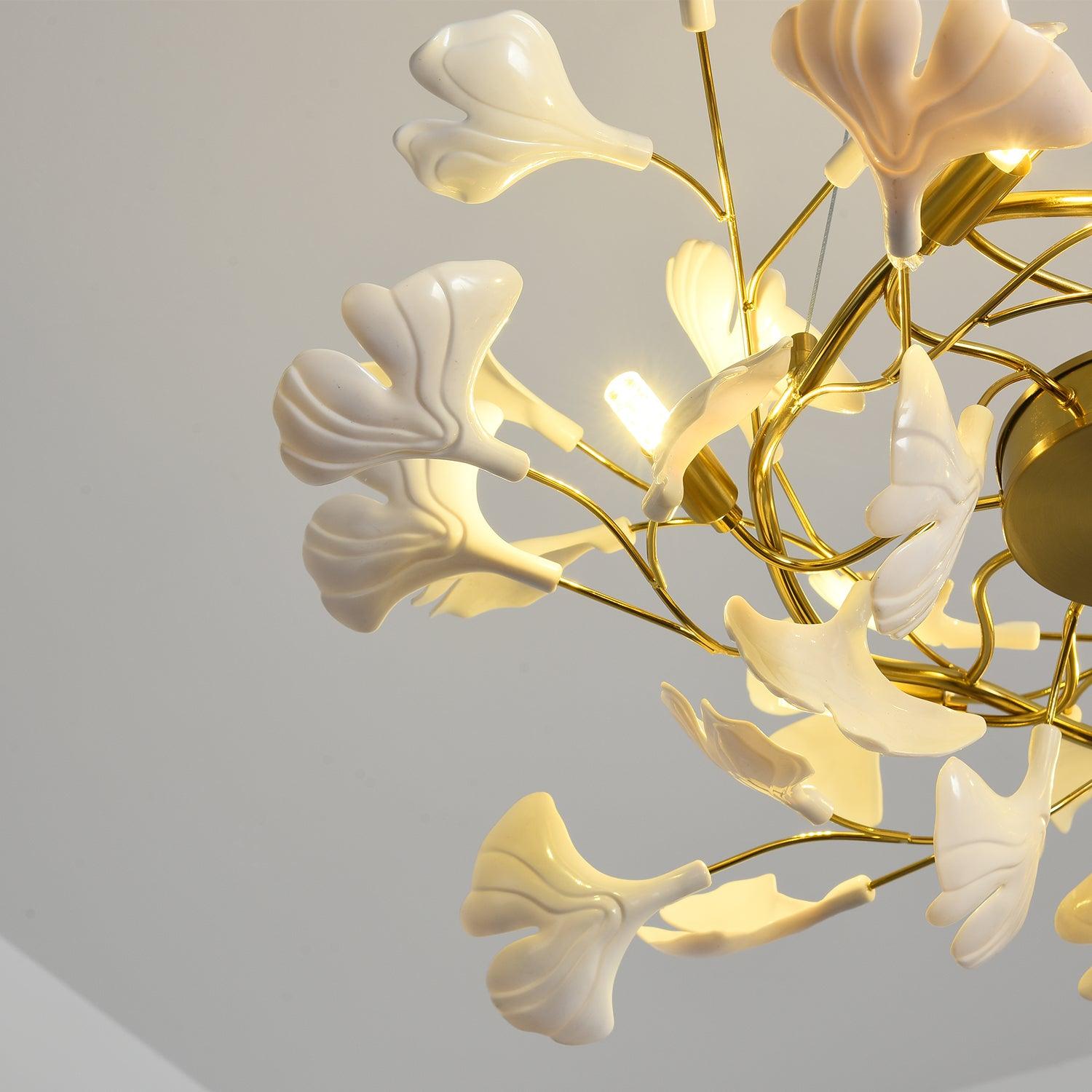 Gingko Chandelier | Ceramic & Brass | Gold & White, Multiple Sizes