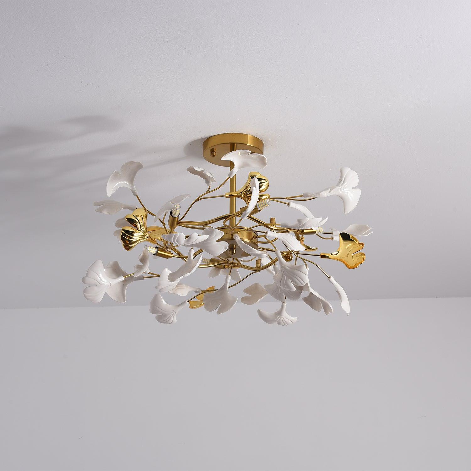 Gingko Chandelier | Ceramic & Brass | Gold & White, Multiple Sizes