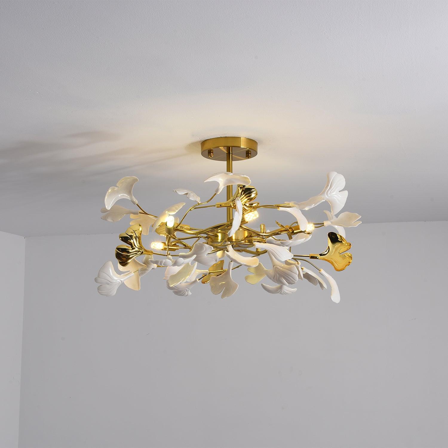 Gingko Chandelier | Ceramic & Brass | Gold & White, Multiple Sizes