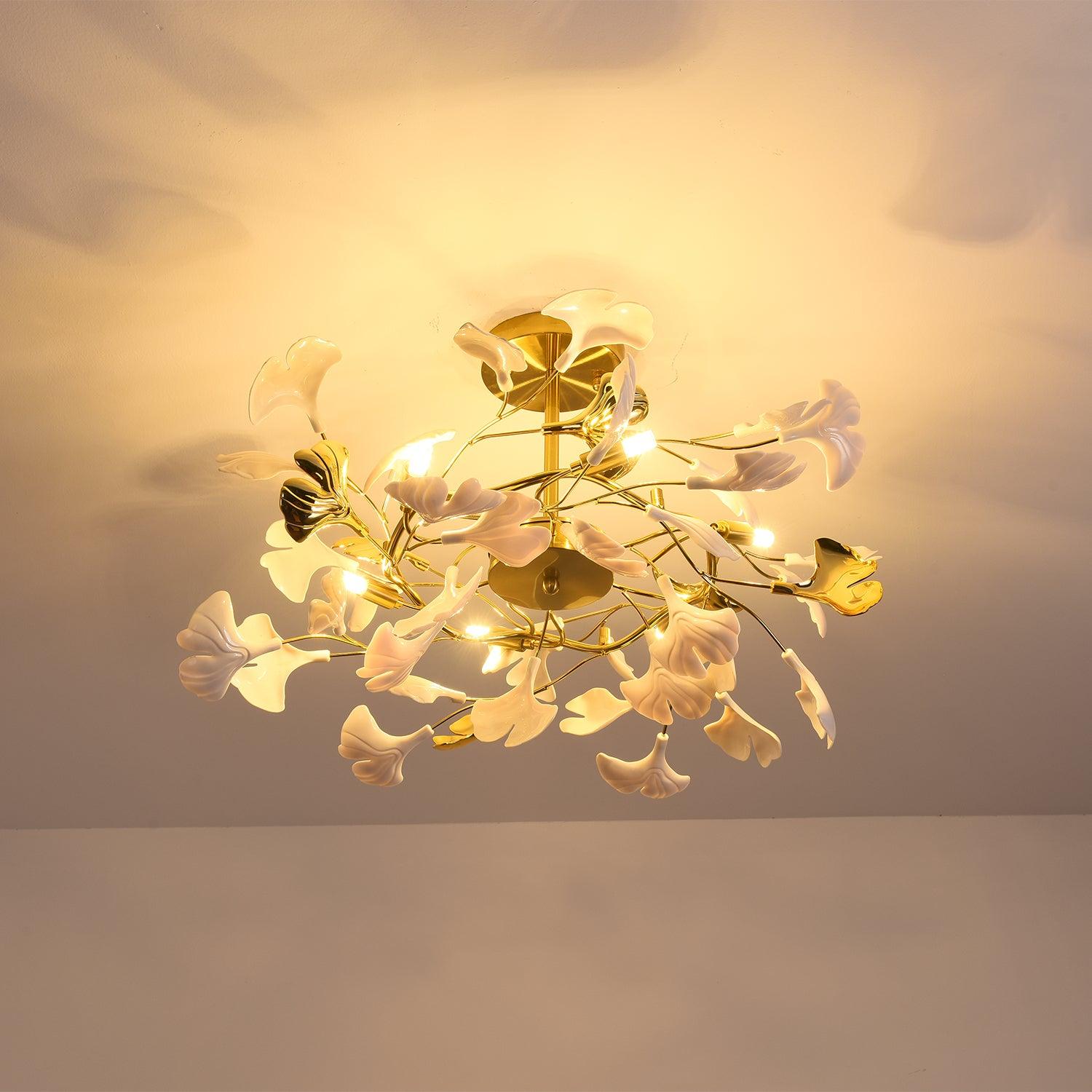 Gingko Chandelier | Ceramic & Brass | Gold & White, Multiple Sizes