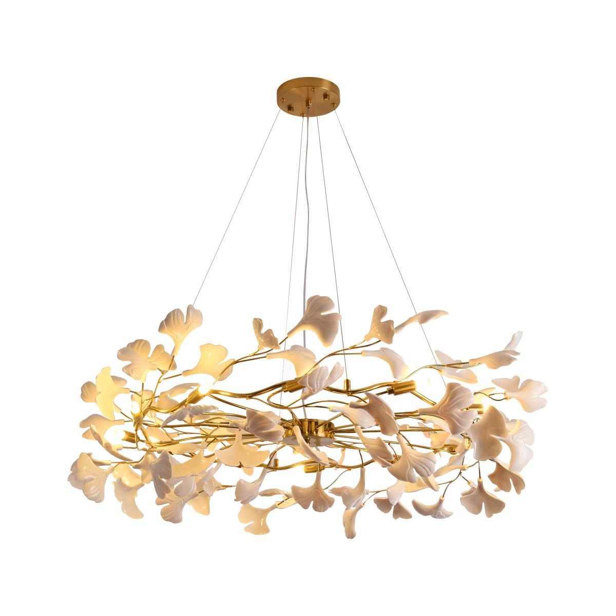 Gingko Chandelier | Ceramic & Brass | Gold & White, Multiple Sizes