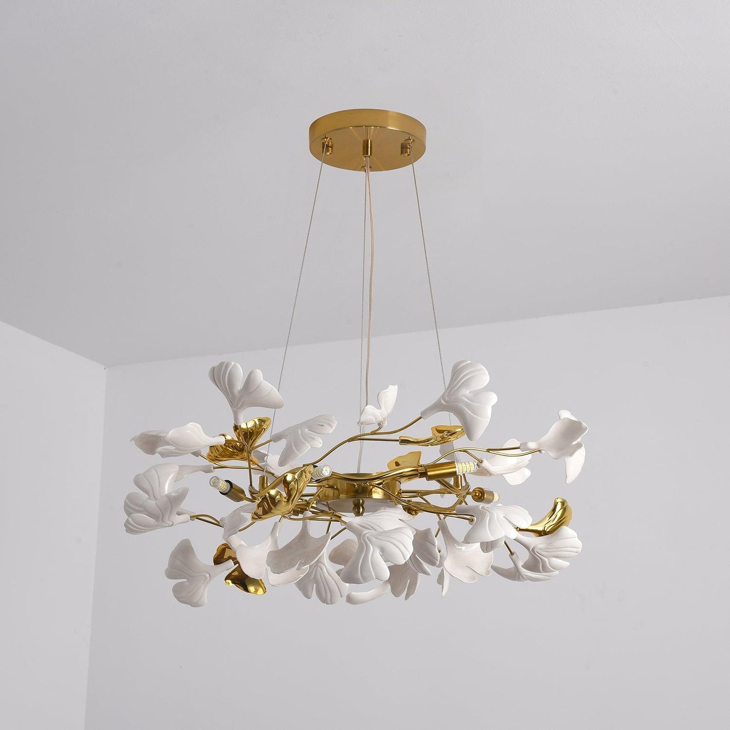 Gingko Chandelier | Ceramic & Brass | Gold & White, Multiple Sizes