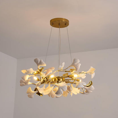 Gingko Chandelier | Ceramic & Brass | Gold & White, Multiple Sizes