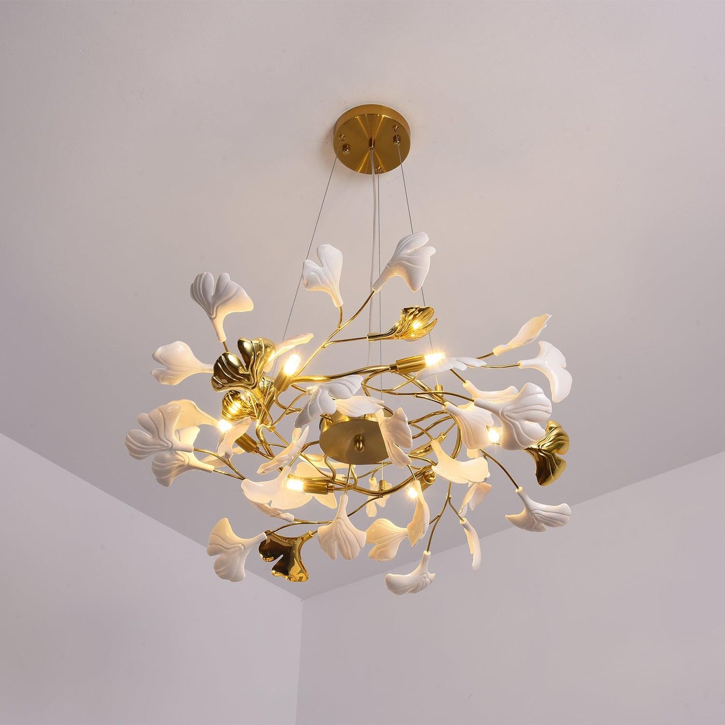Gingko Chandelier | Ceramic & Brass | Gold & White, Multiple Sizes