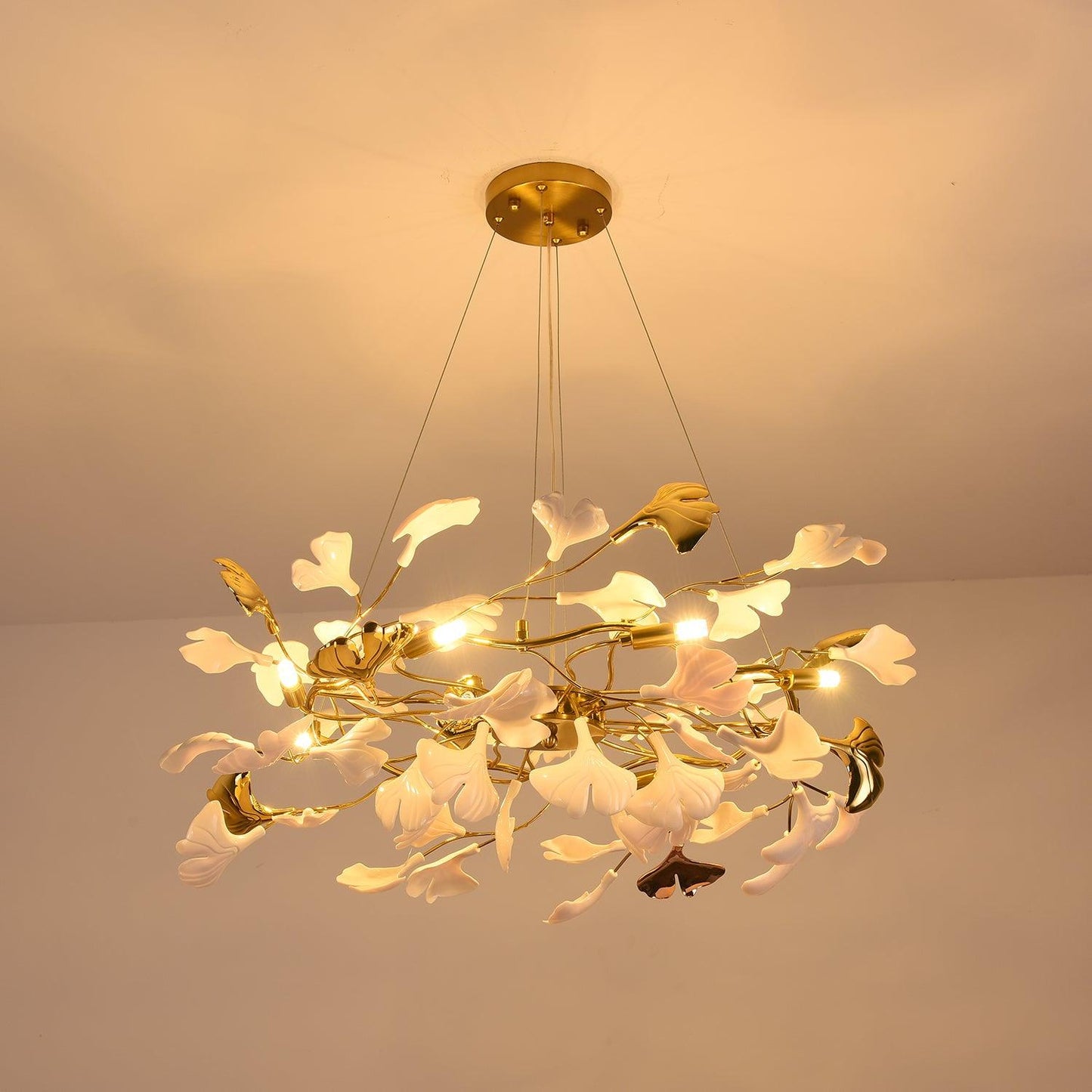 Gingko Chandelier | Ceramic & Brass | Gold & White, Multiple Sizes