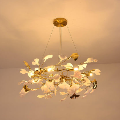 Gingko Chandelier | Ceramic & Brass | Gold & White, Multiple Sizes