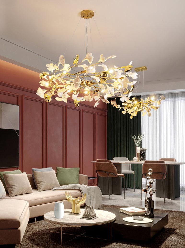 Gingko Chandelier | Ceramic & Brass | Gold & White, Multiple Sizes