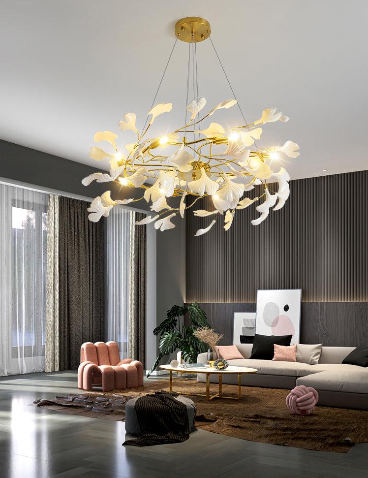 Gingko Chandelier | Ceramic & Brass | Gold & White, Multiple Sizes