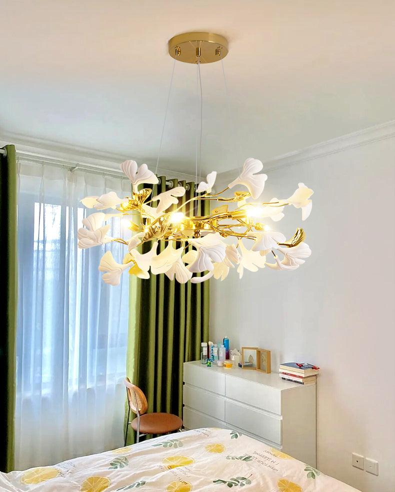 Gingko Chandelier | Ceramic & Brass | Gold & White, Multiple Sizes