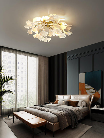 Gingko Ceiling Lamp | Gold Metal & White Ceramic | Multiple Bulb Options