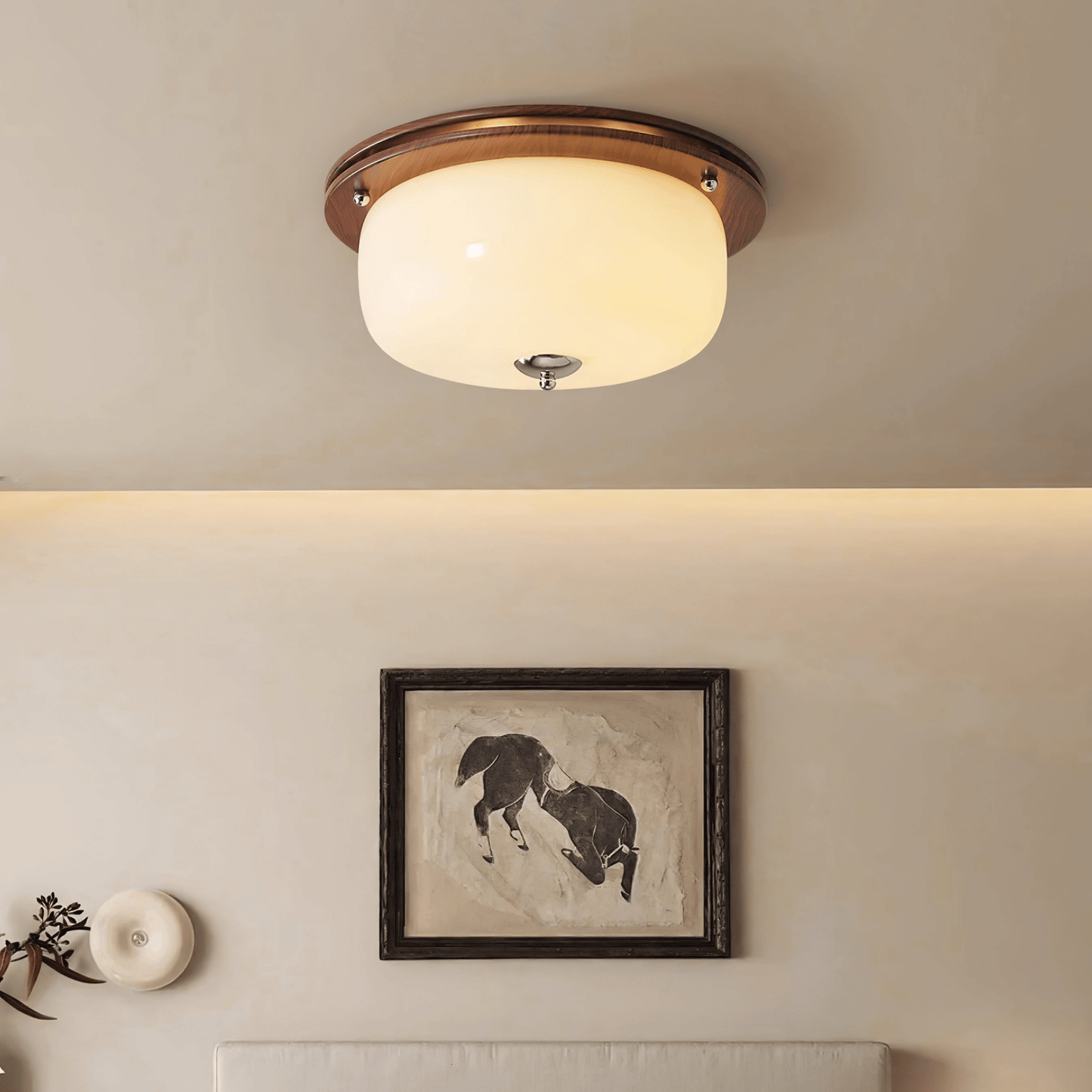Glass Dome Ceiling Light | Frosted Glass & Wood Grain | White/Coffee