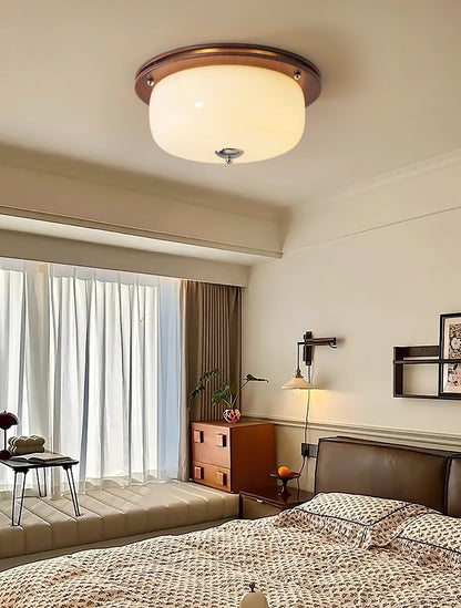 Glass Dome Ceiling Light | Frosted Glass & Wood Grain | White/Coffee