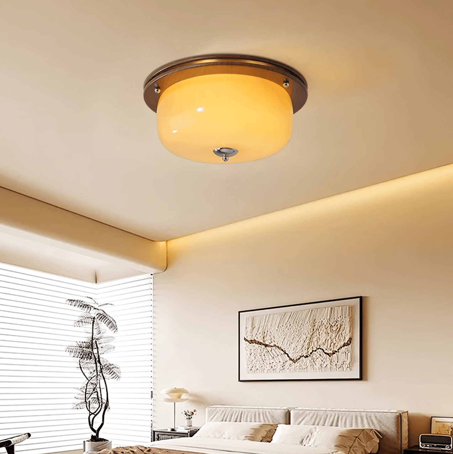 Glass Dome Ceiling Light | Frosted Glass & Wood Grain | White/Coffee