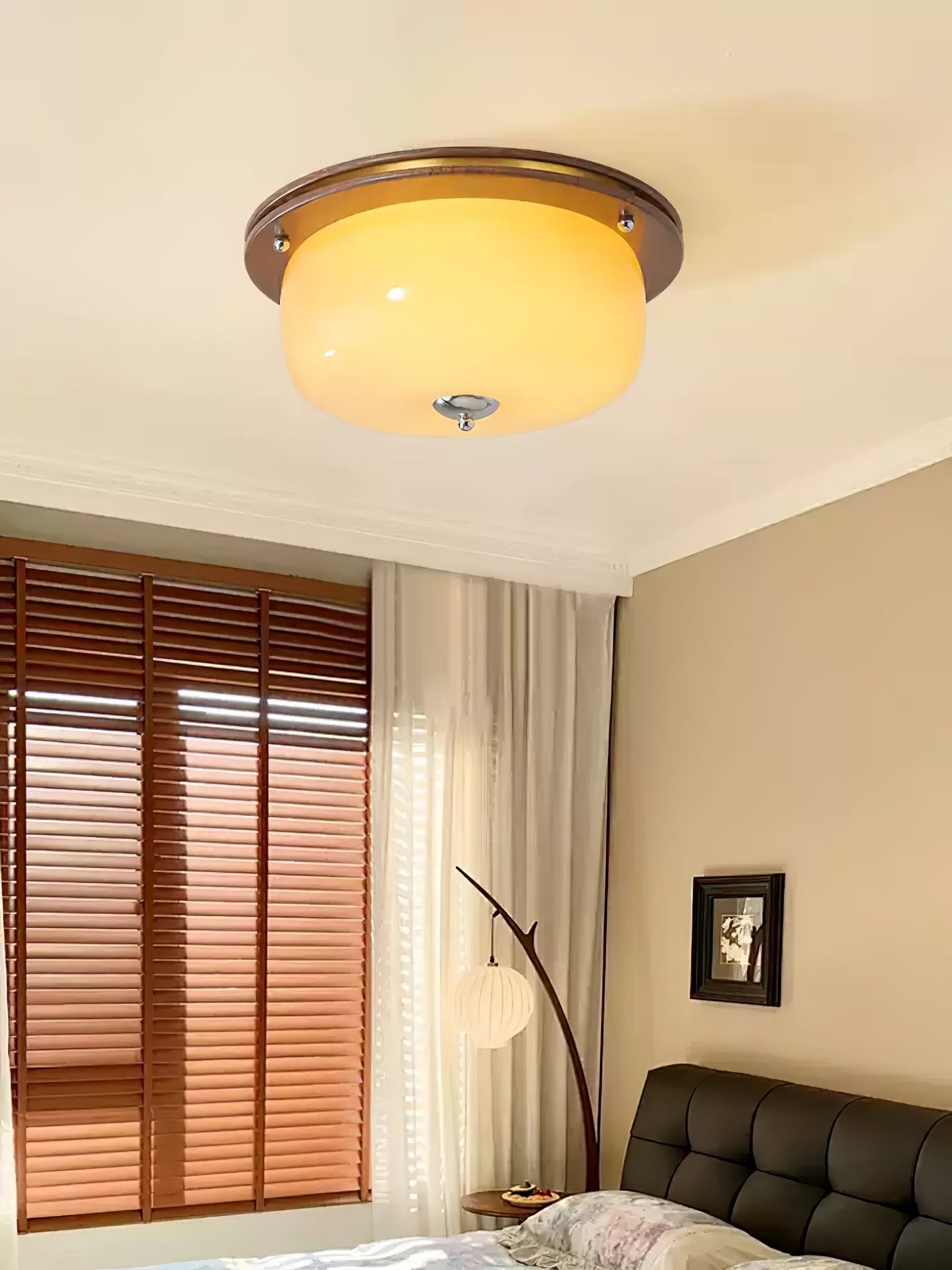 Glass Dome Ceiling Light | Frosted Glass & Wood Grain | White/Coffee