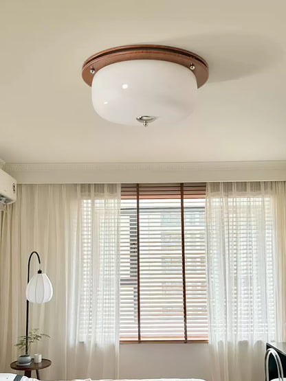 Glass Dome Ceiling Light | Frosted Glass & Wood Grain | White/Coffee