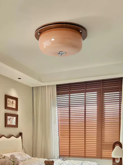 Glass Dome Ceiling Light | Frosted Glass & Wood Grain | White/Coffee