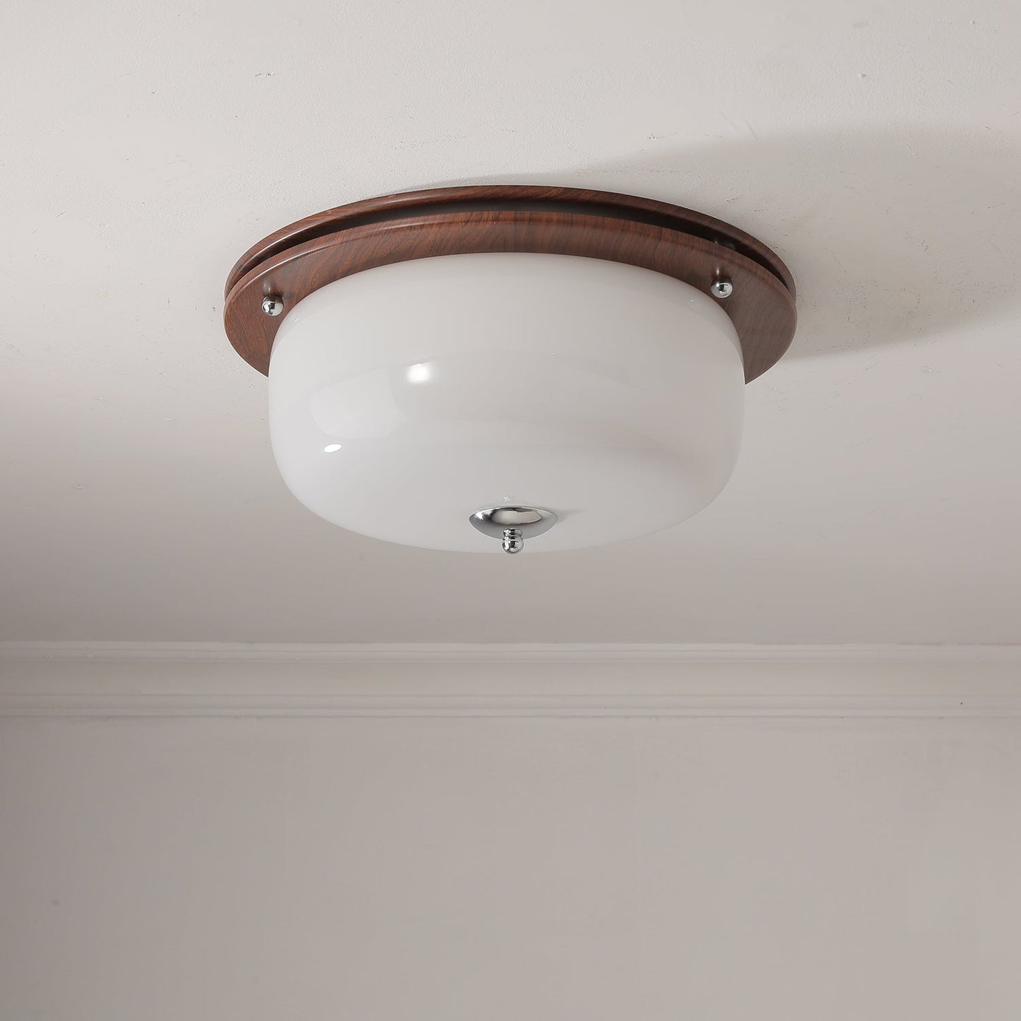 Glass Dome Ceiling Light | Frosted Glass & Wood Grain | White/Coffee