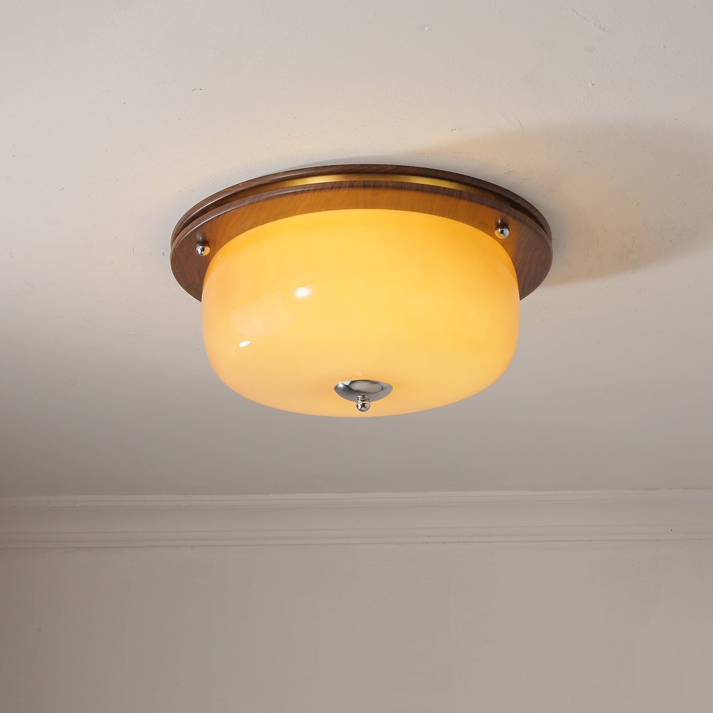 Glass Dome Ceiling Light | Frosted Glass & Wood Grain | White/Coffee