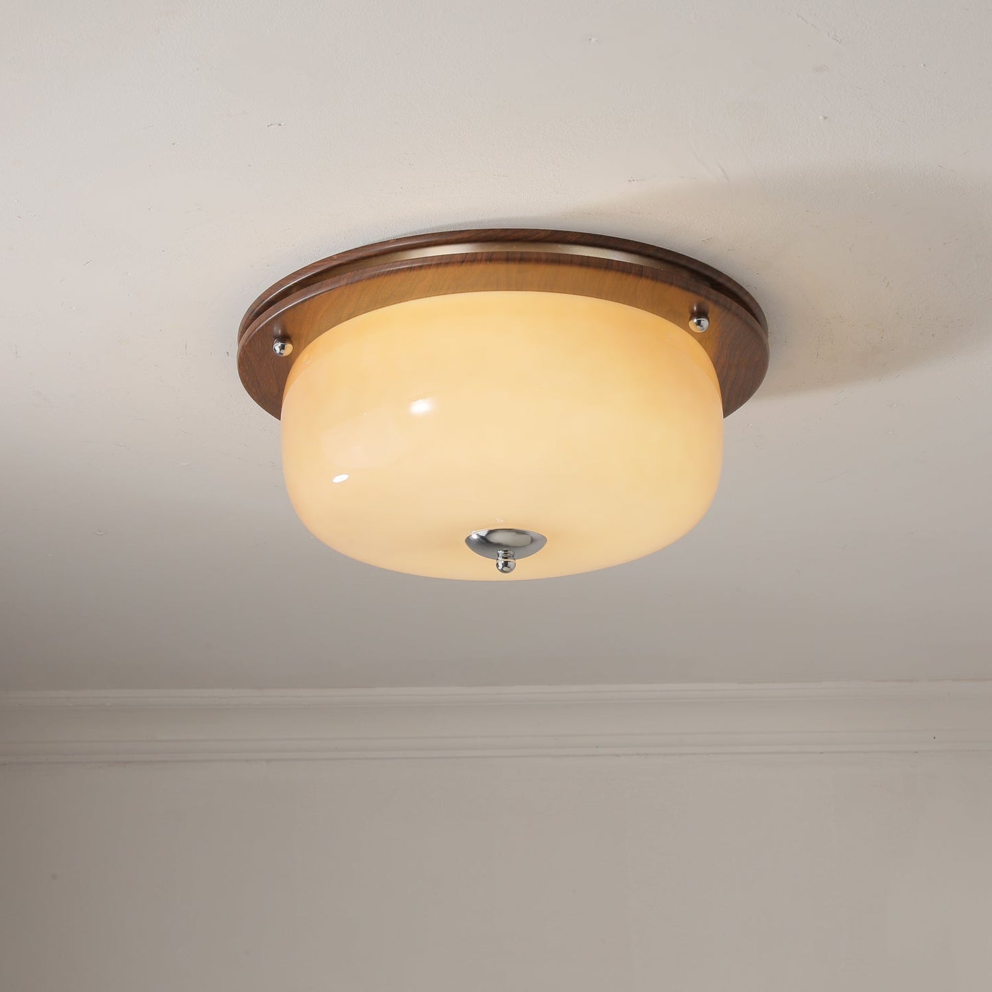 Glass Dome Ceiling Light | Frosted Glass & Wood Grain | White/Coffee