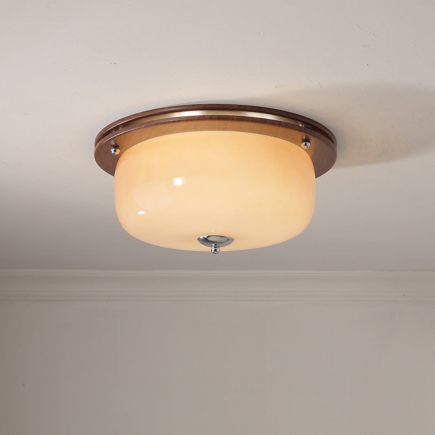 Glass Dome Ceiling Light | Frosted Glass & Wood Grain | White/Coffee