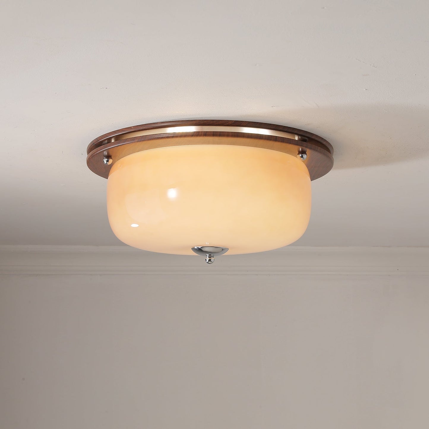 Glass Dome Ceiling Light | Frosted Glass & Wood Grain | White/Coffee
