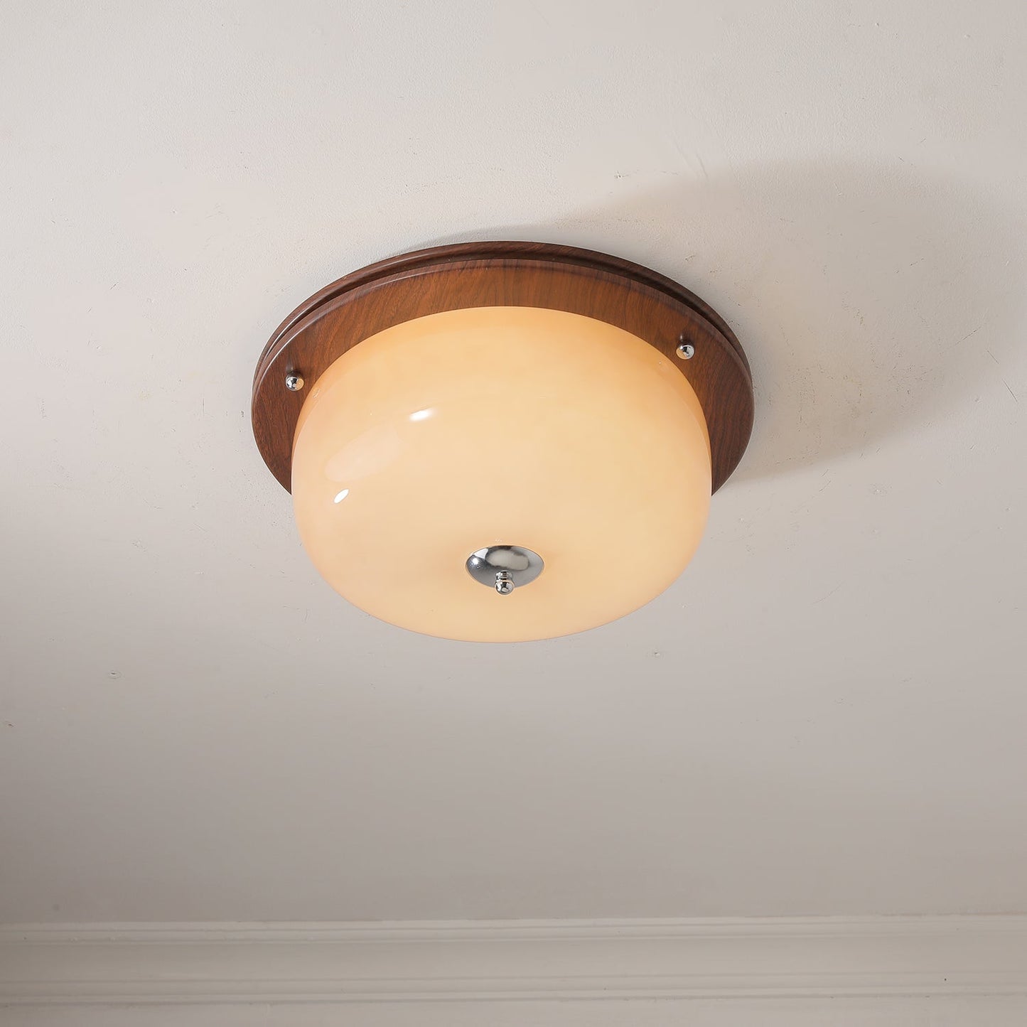 Glass Dome Ceiling Light | Frosted Glass & Wood Grain | White/Coffee