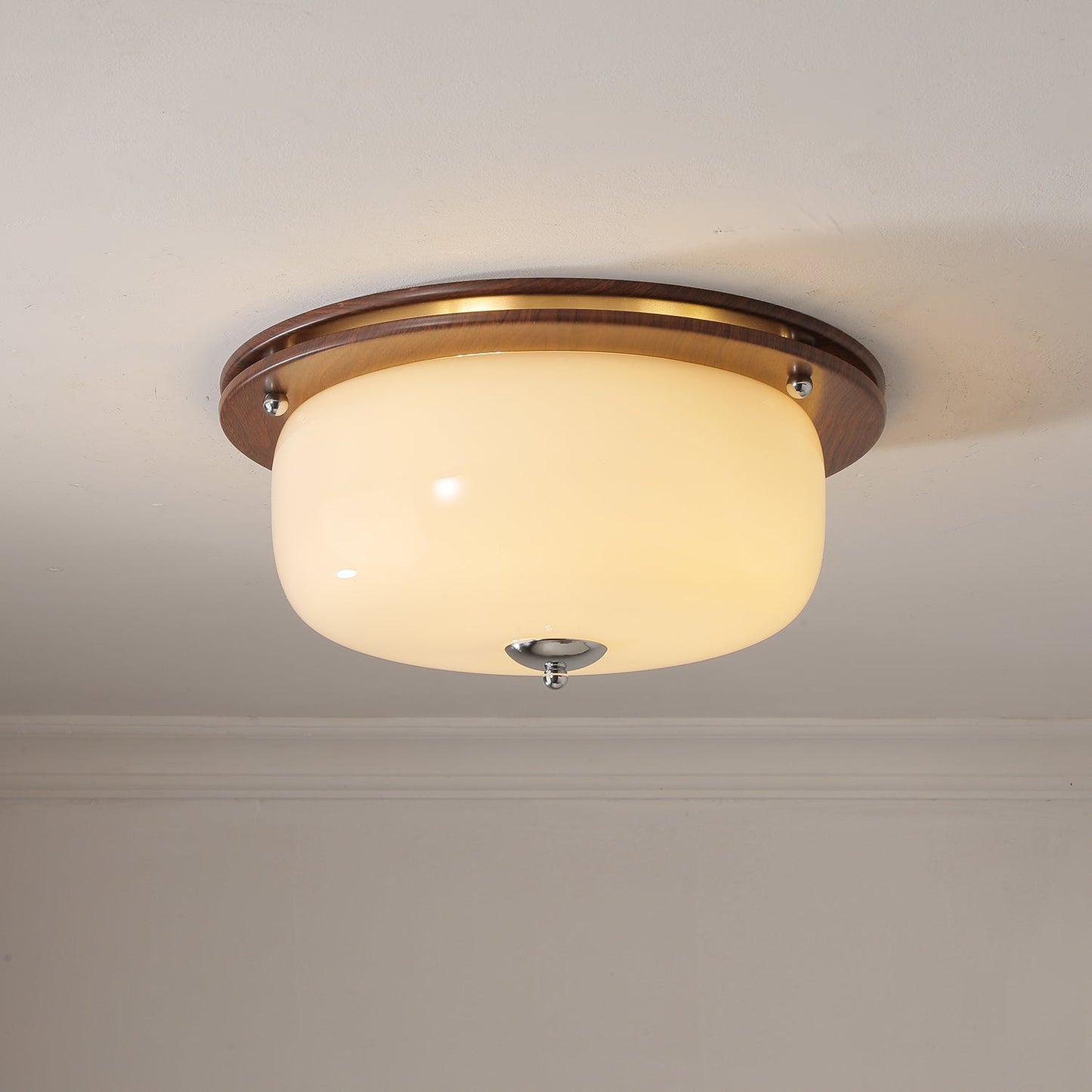 Glass Dome Ceiling Light | Frosted Glass & Wood Grain | White/Coffee
