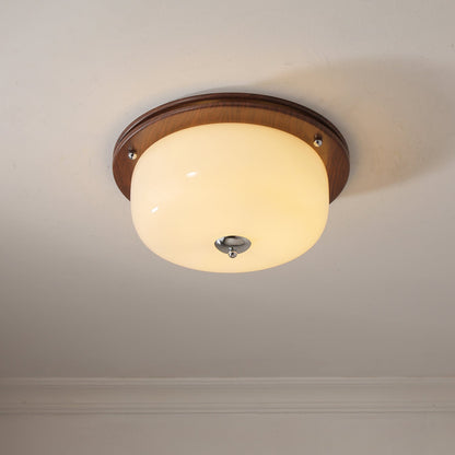 Glass Dome Ceiling Light | Frosted Glass & Wood Grain | White/Coffee