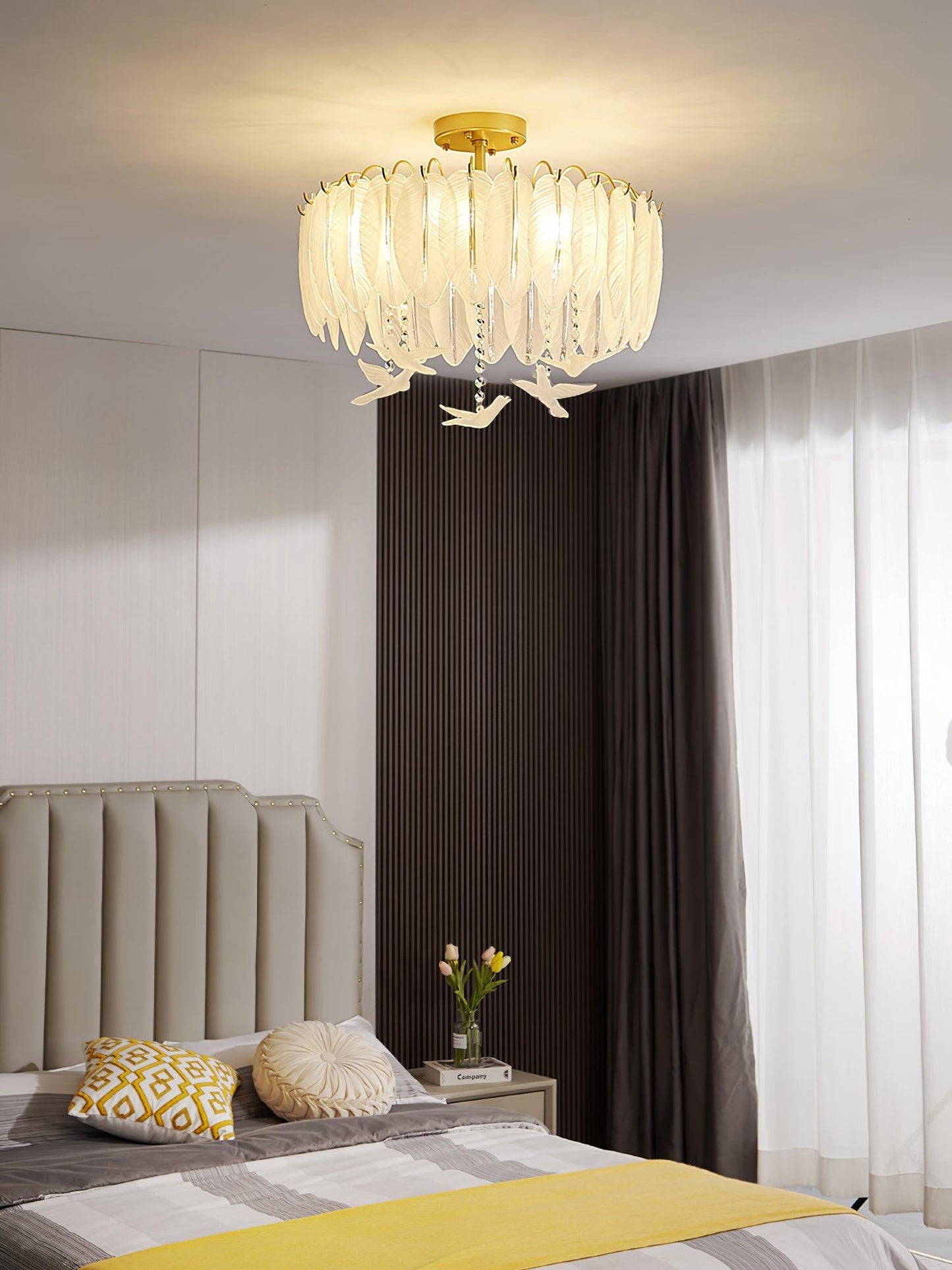 Glass Feather Ceiling Light | Copper Plated | Opaque