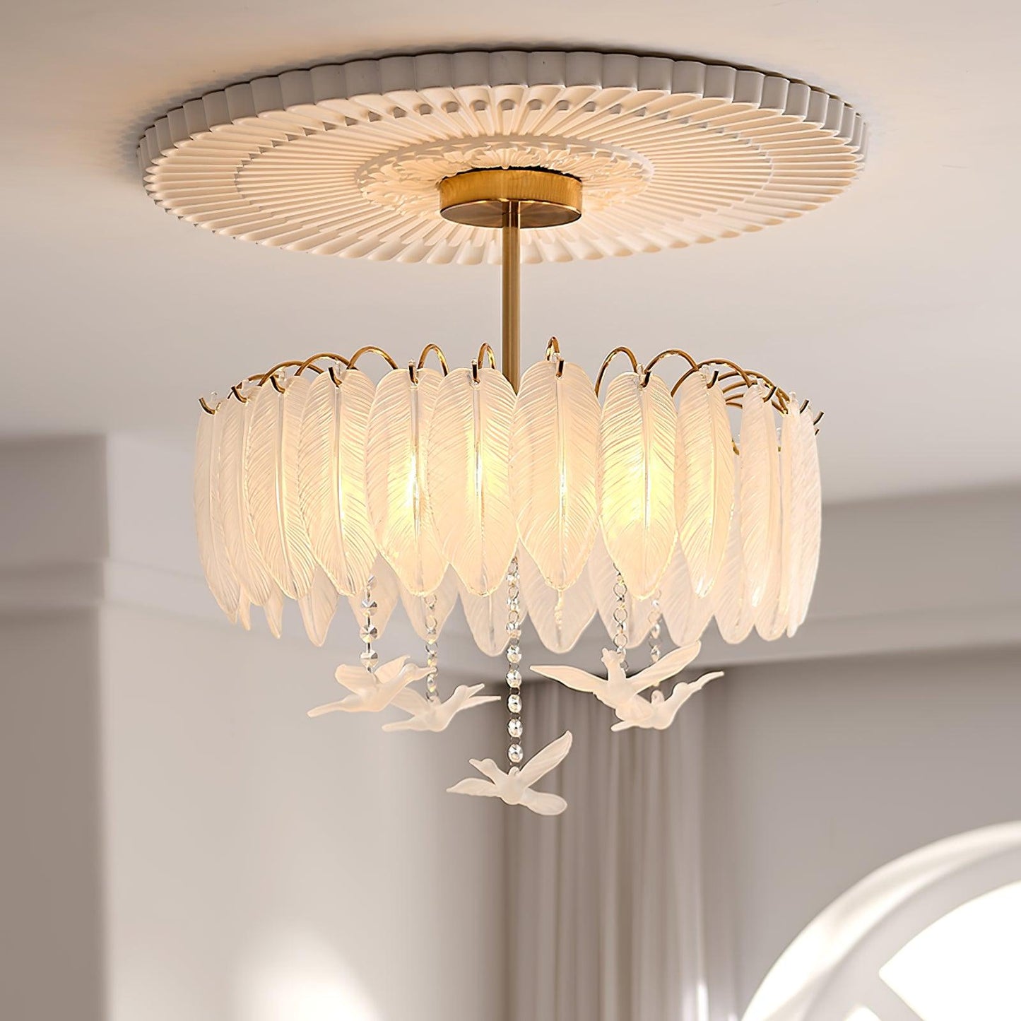 Glass Feather Ceiling Light | Copper Plated | Opaque