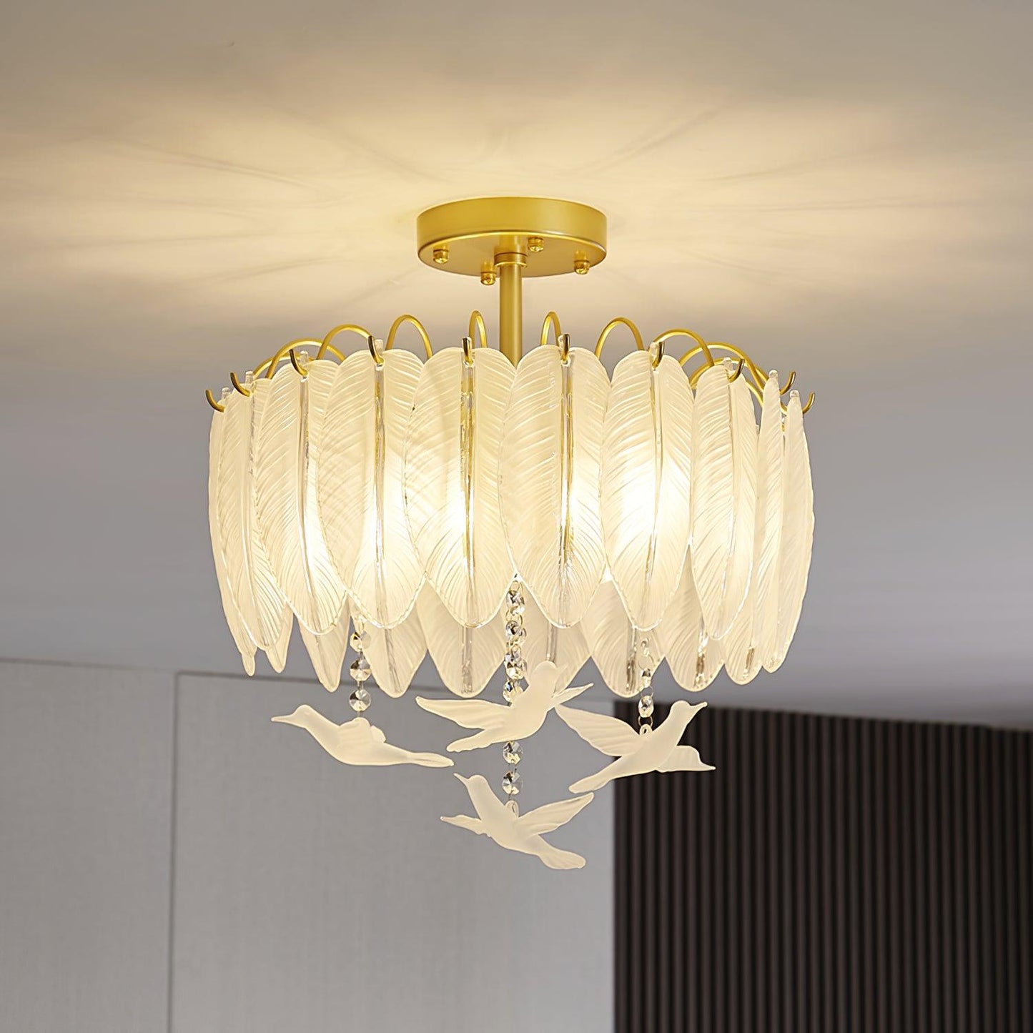 Glass Feather Ceiling Light | Copper Plated | Opaque