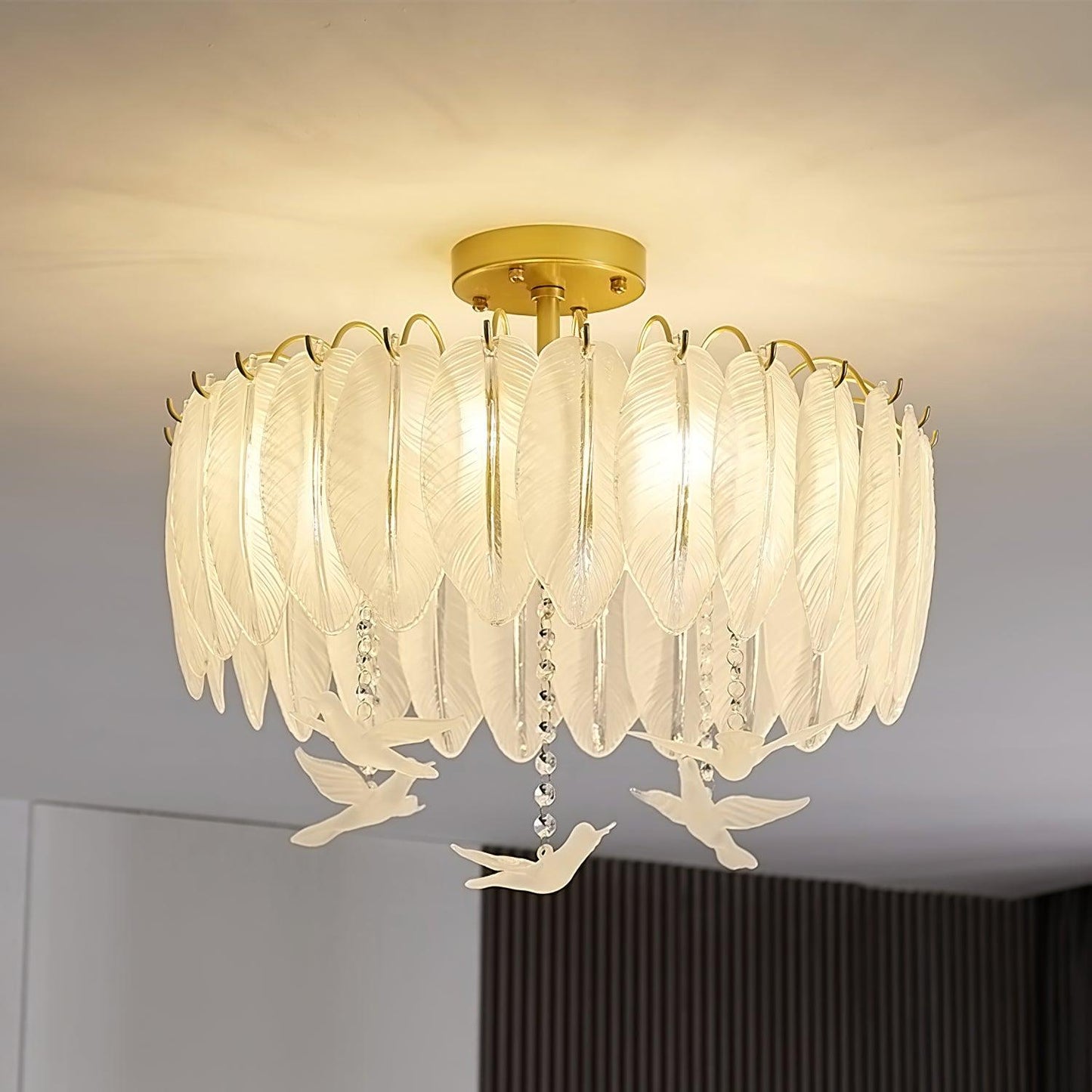 Glass Feather Ceiling Light | Copper Plated | Opaque