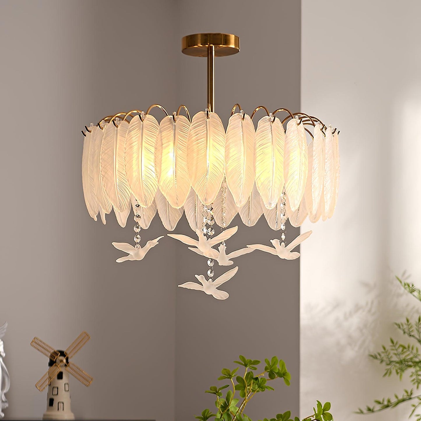Glass Feather Ceiling Light | Copper Plated | Opaque