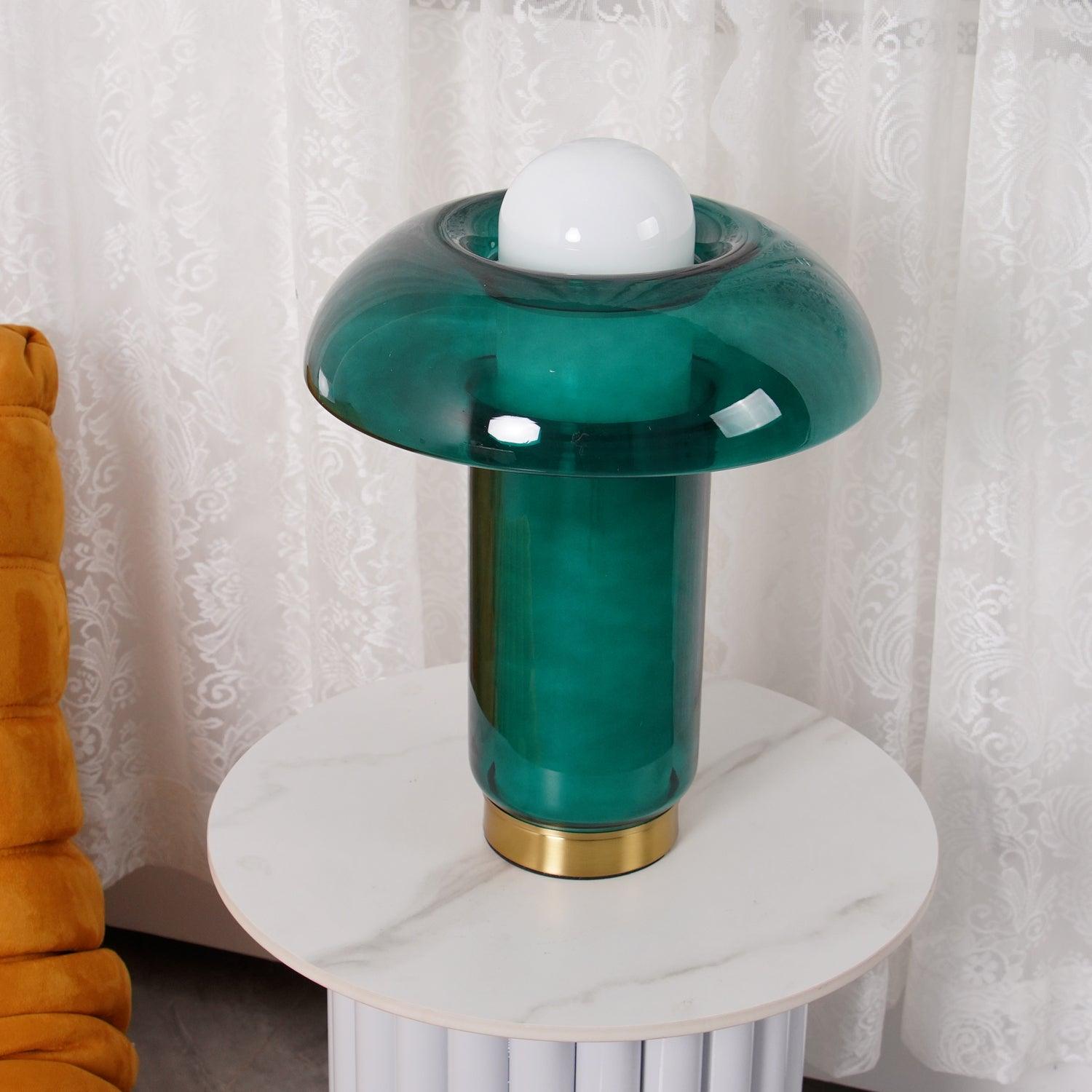 Mushroom Table Lamp | Green Glass & Metal | 30cm Diameter