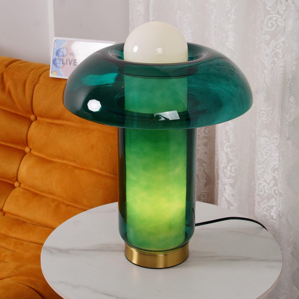 Mushroom Table Lamp | Green Glass & Metal | 30cm Diameter