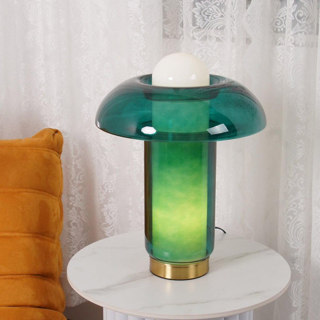 Mushroom Table Lamp | Green Glass & Metal | 30cm Diameter