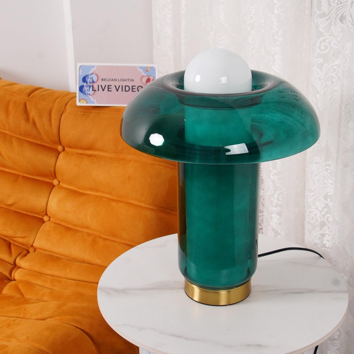 Mushroom Table Lamp | Green Glass & Metal | 30cm Diameter