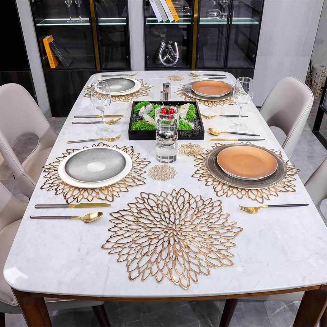 Round Silver Placemats & Coaster Set | Durable Pressed Vinyl | 15.5"