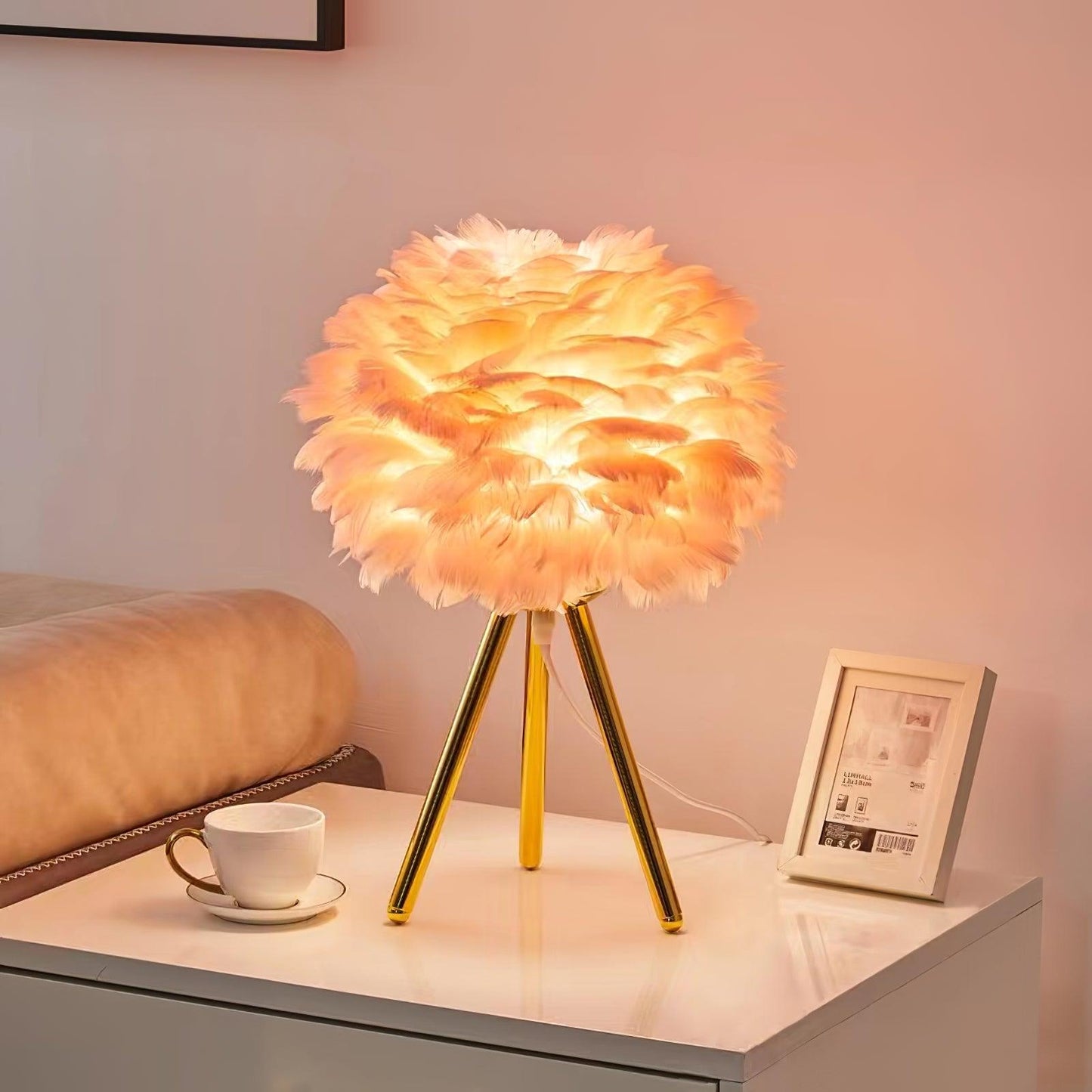 Goose Feather Table Lamp | Metal Base | Pink, White, Gray